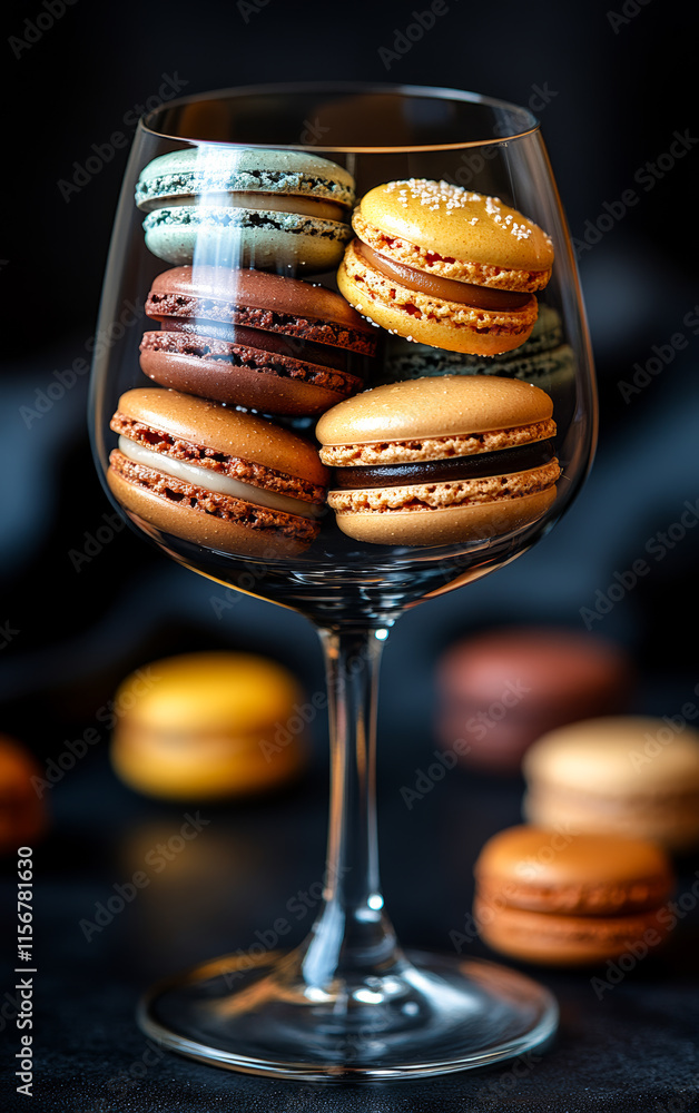 Poster a glass of macarons is filled with a variety of different colored macarons. the macarons are arrange