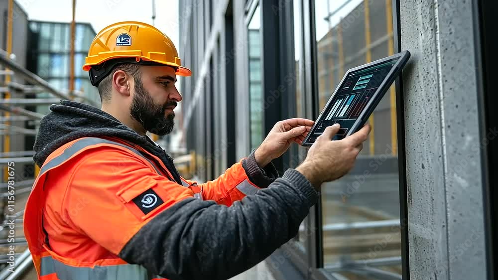 Poster a worker using a thermal imaging tablet to scan window installations on a building, with scaffolding