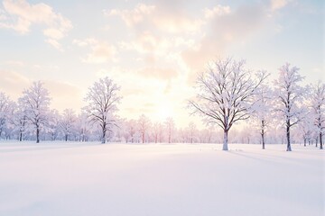 Obraz premium Snow-covered trees under a soft sunrise sky in pastel hues, creating a serene and tranquil winter scene. Concept of peaceful nature in winter. Ai generative