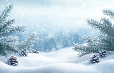 Serene Winter Landscape with Snowy Pines and Glistening Snowflakes in a Calm Atmosphere, Perfect for Seasonal Holiday Themes and Tranquil Nature Scenes
