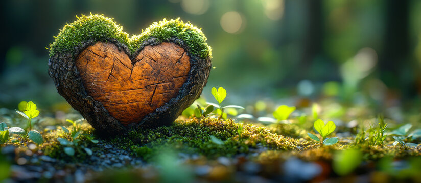 A heart made of moss and leaves is on the ground. The moss and leaves give the heart a natural and organic appearance. Concept of peace and tranquility, as the heart is surrounded by nature - Powered by Adobe
