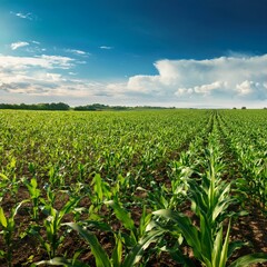 Green corn maize plants on a field. Agricultural landscape