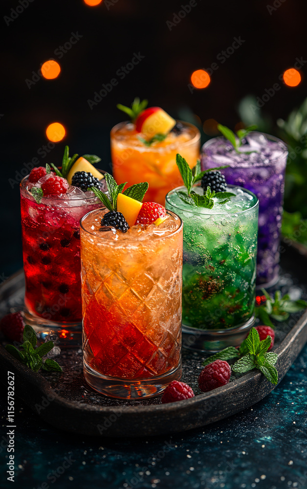 Poster a tray of colorful drinks with a green garnish. the drinks are in different colors and are arranged 
