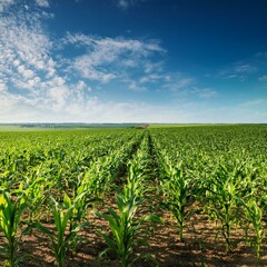 Green corn maize plants on a field. Agricultural landscape