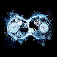 A pair of intertwined clocks, one ticking forward and the other backward, surrounded by ethereal mist and glowing symbols of love