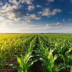 Obraz premium Green corn maize plants on a field. Agricultural landscape