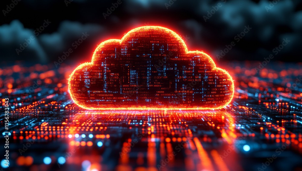 Poster a cloud of data is displayed in a cityscape. the cloud is red and orange, and it is surrounded by a 
