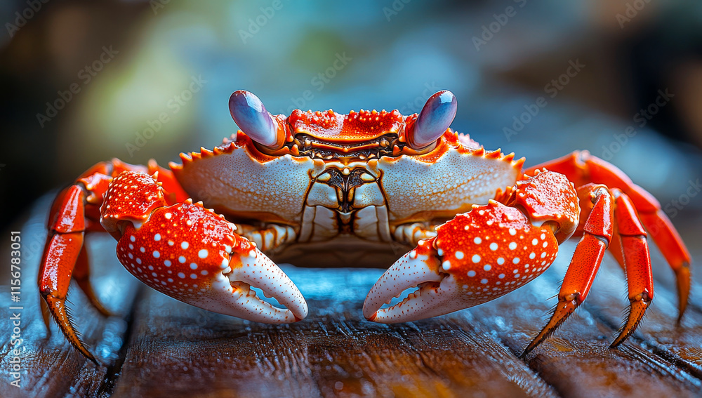 Poster a crab is shown in a close up, with its claws extended and its eyes looking up. the crab is red and 