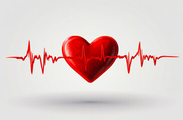 A red heart is surrounded by a wave of lines. The heart is the main focus of the image, and the lines represent the heartbeat. Concept of life and vitality, as the heart is a symbol of love