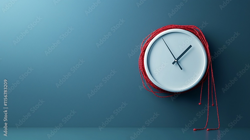 Poster a minimalist design featuring a clock hand transforming into a red string of fate, spinning delicate