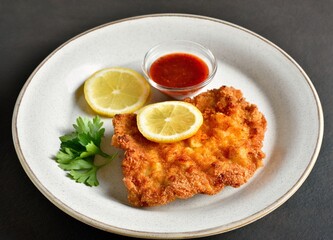 Schnitzel with lemon and leaves of parsley served with sauce