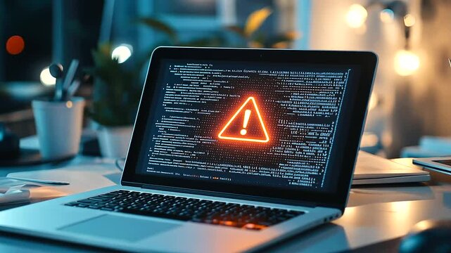 A laptop resting on a cluttered desk, showing a flashing warning triangle with error codes, evoking a sense of urgency and cyber vulnerability