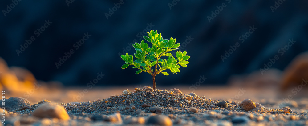 Poster a small tree is growing in the dirt. the image has a peaceful and calming mood, as the tree is the o