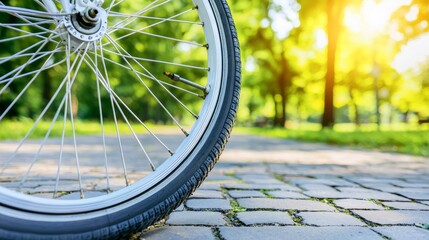 A detailed shot of a bicycle wheel's spokes and rim, with a city park softly blurred in the background, promoting eco-friendly urban transport.