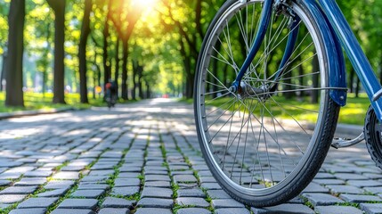 The spokes and rim of a bicycle wheel are shown in detail, with a city park in the background blurred, advocating for sustainable urban transport.