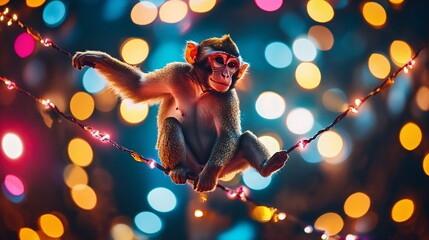 A monkey performing tricks on a tightrope surrounded by neon New Year lights