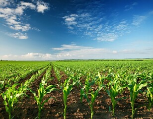 Green corn maize plants on a field. Agricultural landscape