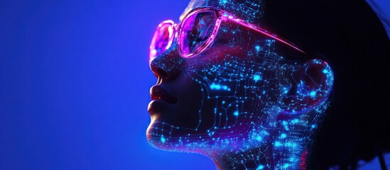 Futuristic woman with glowing circuit design on face and glasses.