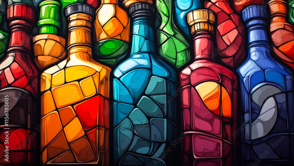 Poster a colorful bottle of soda is shown in a mosaic pattern. the bottles are arranged in a row, with some