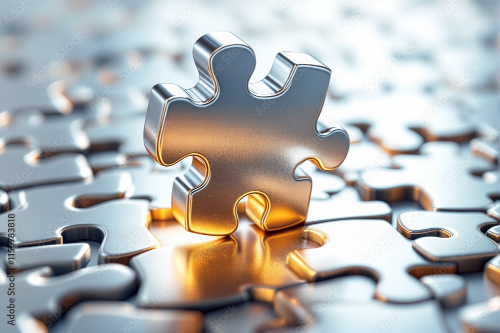 Poster a single metallic puzzle piece standing out among interconnected puzzle pieces, glowing on a reflect