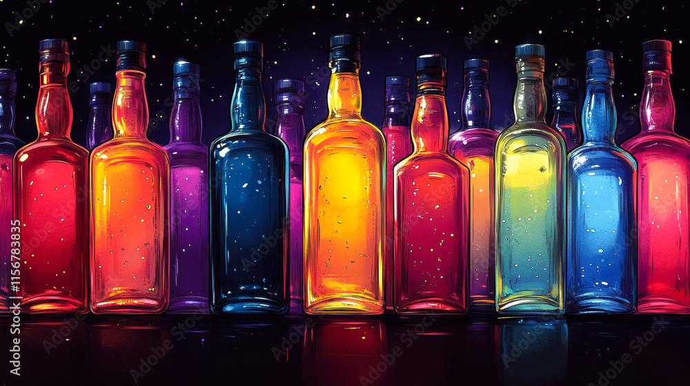 Poster a row of colorful bottles with a starry background. the bottles are arranged in a line, with some bo
