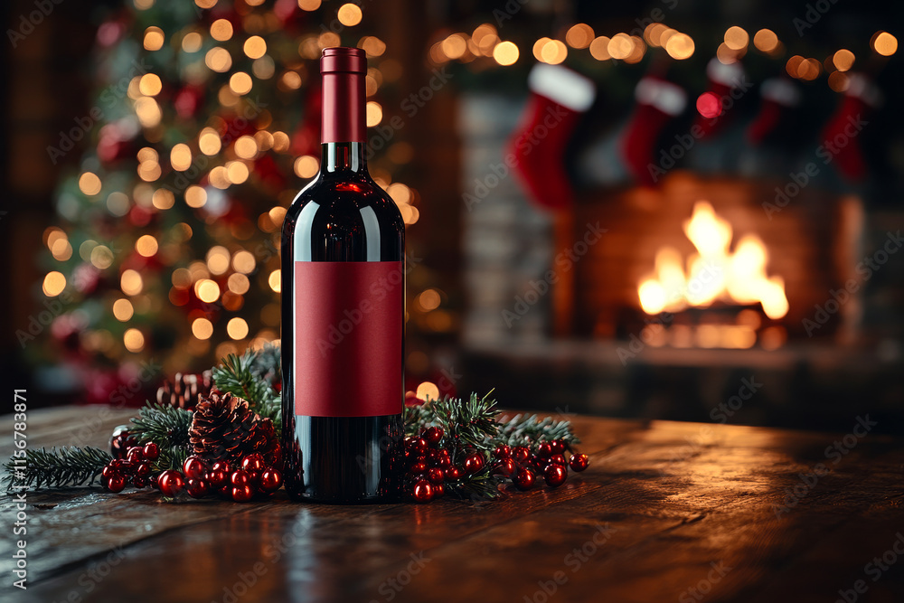 Aufkleber a bottle of red wine is on a table next to a christmas tree. the bottle is empty and has a label on 
