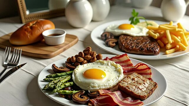 a styled food video layout featuring two plates of breakfast dishes on a light-colored tablecloth