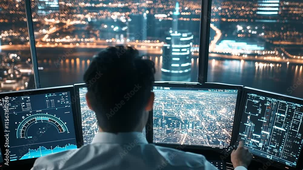 Poster a dynamic view of a pilot engaging with a flight simulator, surrounded by detailed monitors showing 