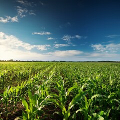 Green corn maize plants on a field. Agricultural landscape