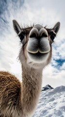 Obraz premium Close-up of a curious llama with snowy mountains and a bright sky in the background.