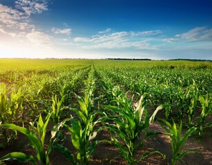 Fototapeta premium Green corn maize plants on a field. Agricultural landscape