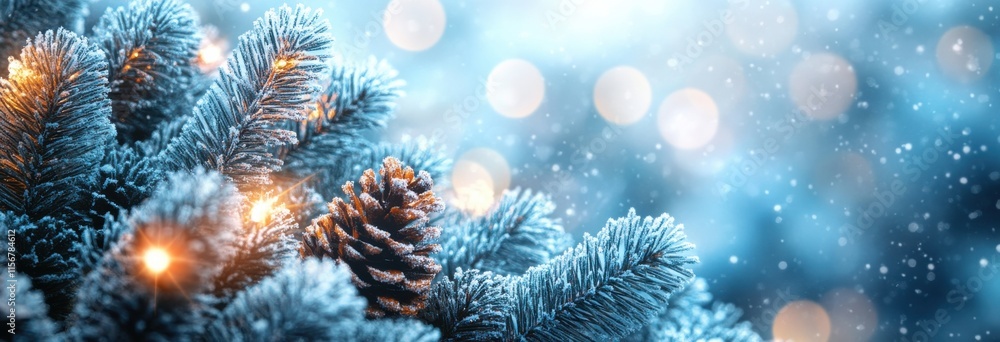 Poster serene winter scene featuring frosted pine branches with soft bokeh lights and snowfall creating a m