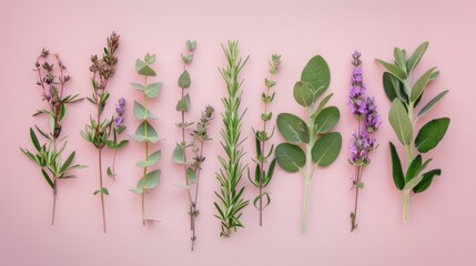 The natural elements include various herbs, leaves, and sprigs, such as eucalyptus, rosemary, lavender, and sage.
