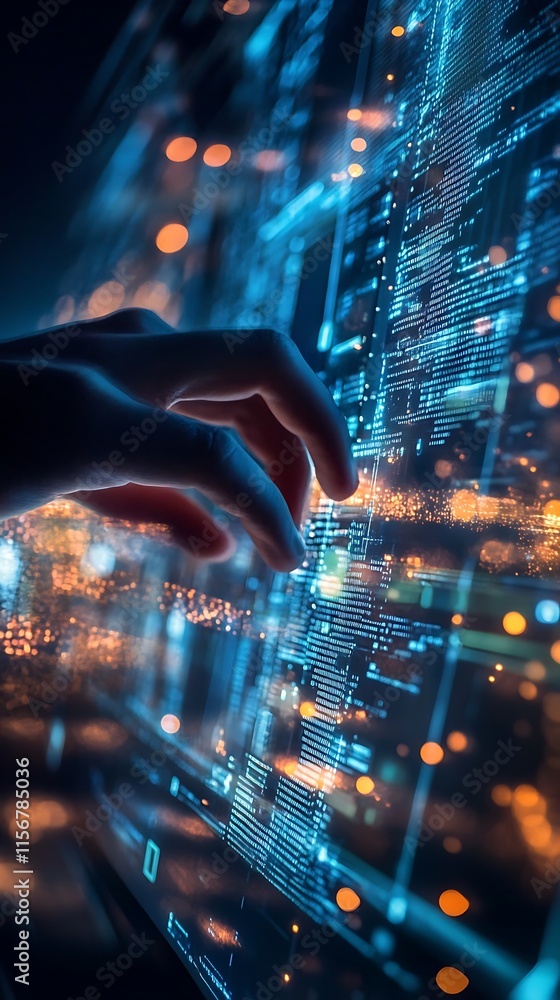 Poster hand interacting with digital code on a screen