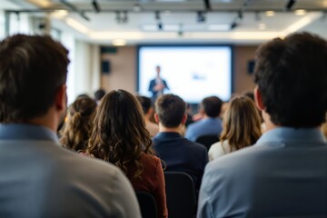 Fototapeta premium People seated in a conference room, focusing on the audience's backs, with a blurred figure presenting on stage. Indoor setting, education concept. Ai generative