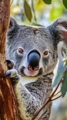 Obraz premium Close-up of a koala gripping a tree, gazing directly at the camera with its expressive eyes.