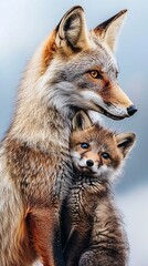Fototapeta premium Close-up of a fox and cub cuddling, highlighting their warm bond and detailed fur textures.