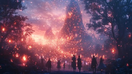 A group of fairies sprinkling glowing sparkles over a New Year carnival
