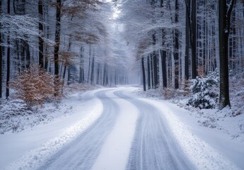 Obraz premium Serene Winter Scene of a Snow-Covered Road Through a Tranquil Forest with Glistening Trees and Soft Snowfall in a Picturesque Landscape