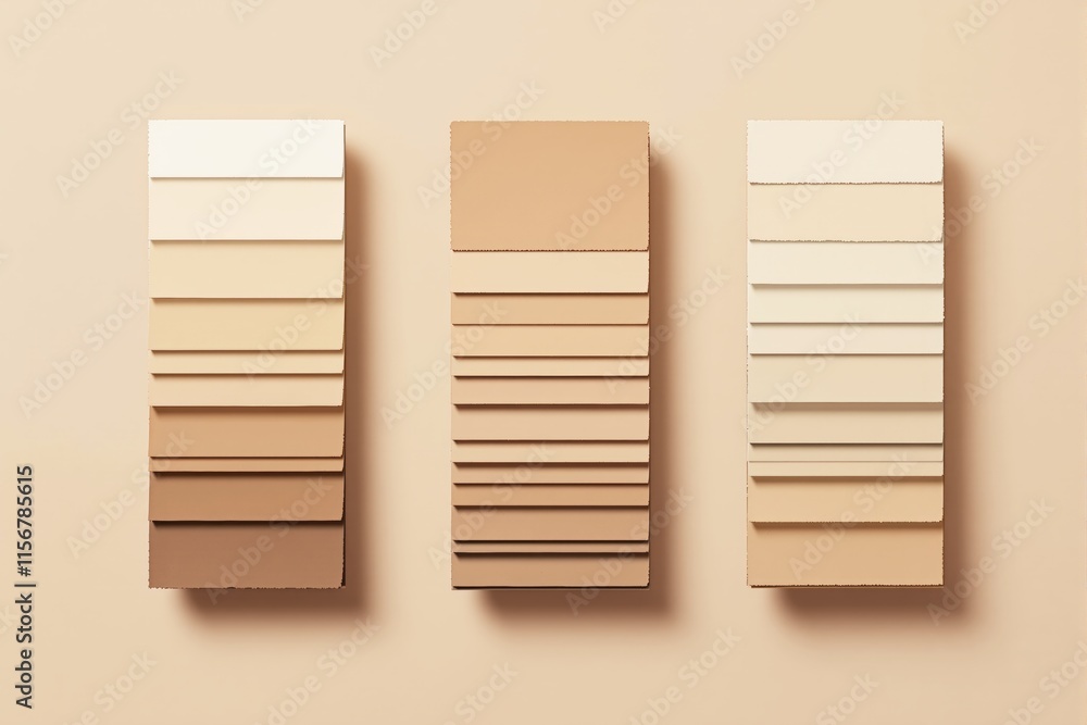 Poster neutral color swatch cards arranged in three vertical stacks, showcasing a range of soft tones, on a