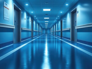 Fototapeta premium A brightly lit hospital hallway with blue walls and floors, featuring a series of closed doors and an unfocused background.