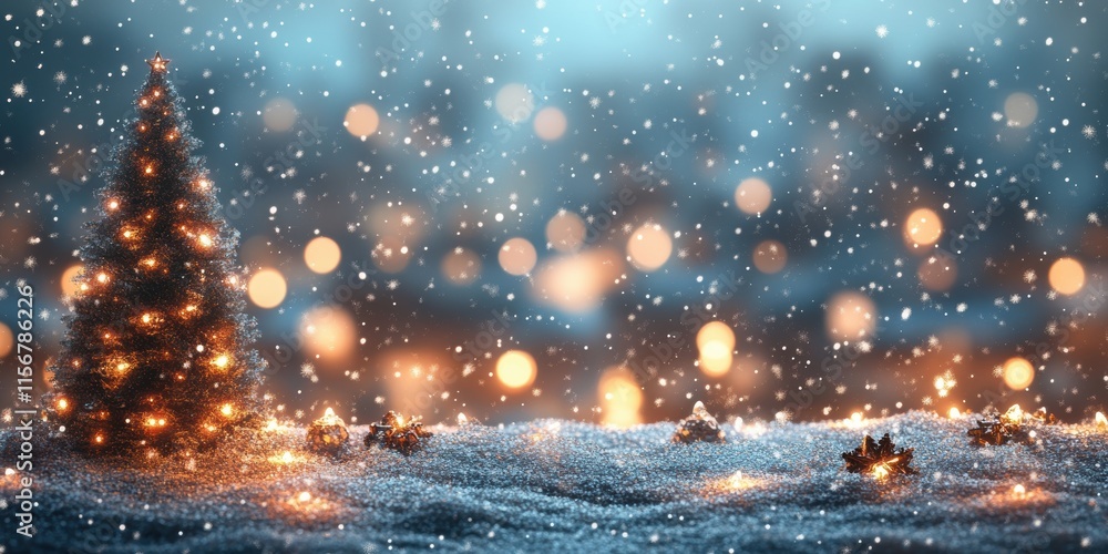 Poster serene winter scene with snowfall, christmas tree glow, and soft bokeh background creating a magical