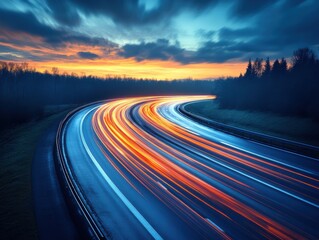 A long exposure photo captures vibrant light trails on a highway at night, set against a dramatic sunset sky.