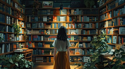 Fototapeta premium flat design, illustration, The Secret Bookstore: A girl discovers friendship in an old bookstore