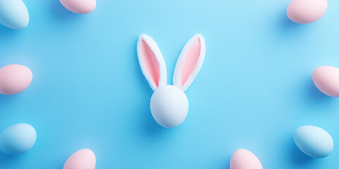 Fototapeta premium Easter bunny ears white pink blue eggs on isolated pastel blue background with copy space