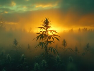 A young plant stands prominently against a glowing sunrise, enveloped in misty morning light. The serene atmosphere evokes a sense of tranquility and renewal.