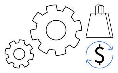 Gears representing operations integration, shopping bag for retail, and currency icon for financial transactions. Ideal for commerce, business operations, e-commerce, finance, automation, process