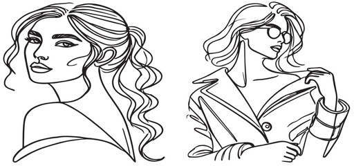Beautiful fashionable girls with stylish hairstyles, and sunglasses in lines. Hand drawn vector illustration