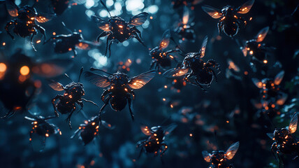 A swarm of gargantuan insects hovers ominously over a darkened forest, their glowing wings pulsating with light and menacing eyes scanning the surroundings, creating an unsettling atmosphere.