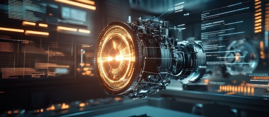 Futuristic engine design with holographic interface.